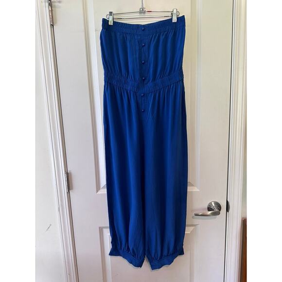 MM Couture sz M 100% Silk Strapless Cobalt Blue Jumpsuit Romper - Picture 1 of 7